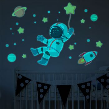 Adhesivos Fosforescente De Astronautas En El Espacio Estrellado - Adhesivo Pared - Sticker Revestimiento - 165x110cm