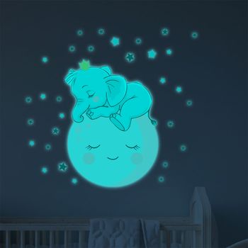 Vinilos Fosforescente Niño Bebé Elefante En La Luna Y 30 Estrellas - Adhesivo Pared - Sticker Revestimiento - 125x90cm