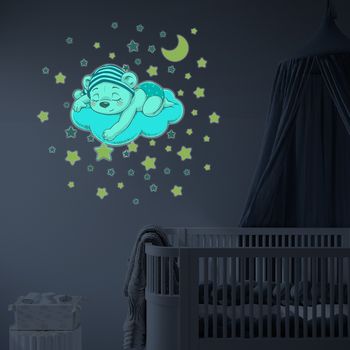 Vinilos Fosforescentes Sueño Oso Y 50 Estrellas - Adhesivo De Pared - Revestimiento Sticker Mural Decorativo - 120x140cm