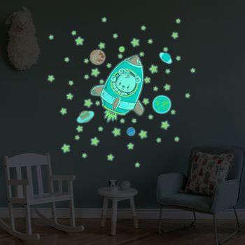 Vinilos Fosforescente Oso Astronauta + 50 Estrellas - Adhesivo De Pared - Revestimiento Sticker Mural Decorativo - 60x60cm