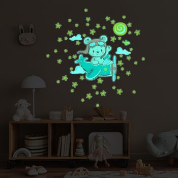 Vinilos Fosforescente Oso Piloto + 50 Estrellas - Adhesivo De Pared - Revestimiento Sticker Mural Decorativo - 120x130cm