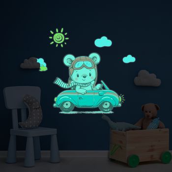 Vinilo Fosforescente Oso En Coche - Adhesivo De Pared - Revestimiento Sticker Mural Decorativo - 100x115cm