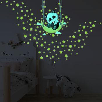 Vinilos Fosforescente Panda Moon Swing Y 130 Estrellas - Adhesivo De Pared - Revestimiento Sticker Mural Decorativo - 125x100cm