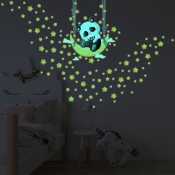 Vinilos Fosforescente Panda Moon Swing Y 130 Estrellas - Adhesivo De Pared - Revestimiento Sticker Mural Decorativo - 60x50cm