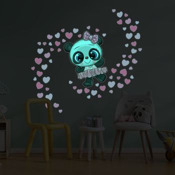 Vinilos Fosforescente Bailarina Panda Y 70 Corazones - Adhesivo De Pared - Revestimiento Sticker Mural Decorativo - 110x110cm