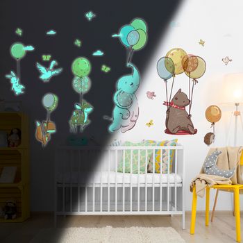 Vinilos Fosforescente Animales Y Globos En El Aire - Adhesivo De Pared - Revestimiento Sticker Mural Decorativo - 105x80cm