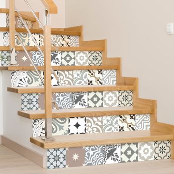 Vinilo Escalera Baldosas De Cemento Hediana X 2 - Adhesivo Pared - Sticker Revestimiento - 2tirasde12.5cmx87.5cm