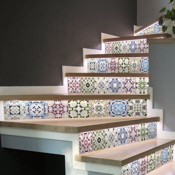 Vinilo Escalera Azulejos Adornos Antiguos X 2 - Adhesivo Pared - Sticker Revestimiento - 38cmx133cm-2bandesde19cmx133cm