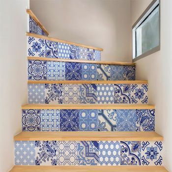 Vinilo Escalera Azulejos Adornos Venecianas X 2 - Adhesivo Pared - Sticker Revestimiento - 42cmx147cm-2bandesde21cmx147cm