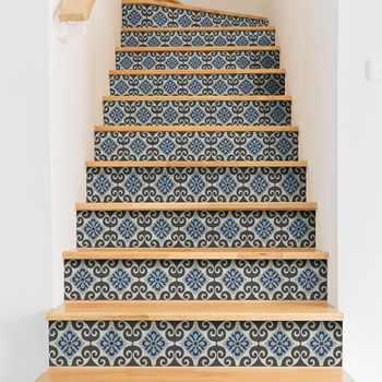 Vinilo Escalera Azulejos Francesca X 2 - Adhesivo De Pared - Revestimiento Sticker Mural Decorativo - 2tirasde14cmx98cm