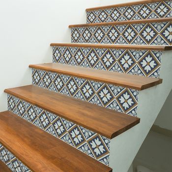 Vinilo Escalera Azulejos Loeiza X 2 - Adhesivo De Pared - Revestimiento Sticker Mural Decorativo - 2tirasde14cmx98cm