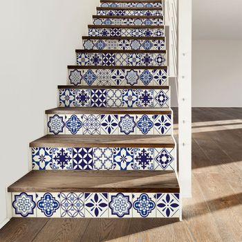 Vinilo Escalera Azulejos Harisia X 2 - Adhesivo De Pared - Revestimiento Sticker Mural Decorativo - 2tirasde14cmx98cm