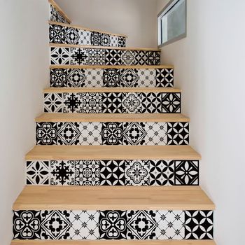 Vinilo Escalera Baldosas De Cemento Nicolino X 2 - Adhesivo De Pared - Revestimiento Sticker Mural Decorativo - 2tirasde14cmx98cm