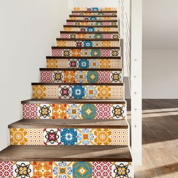 Vinilo Escalera Baldosas De Cemento Dola X 2 - Adhesivo De Pared - Revestimiento Sticker Mural Decorativo - 2tirasde14cmx98cm