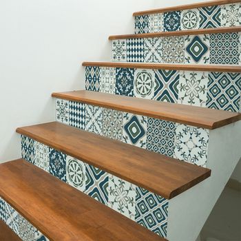 Vinilo Escalera Azulejos Veronica X 2 - Adhesivo De Pared - Revestimiento Sticker Mural Decorativo - 2tirasde14cmx98cm