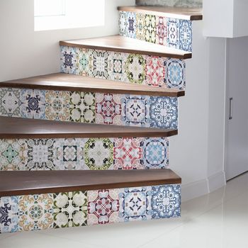 Vinilo Escalera Azulejos Medina X 2 - Adhesivo De Pared - Revestimiento Sticker Mural Decorativo - 2tirasde14cmx98cm