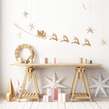 Vinilo Navidad Trineo De Santa Claus Y Reno - Adhesivo De Pared - Revestimiento Sticker Mural Decorativo - 30x65cm