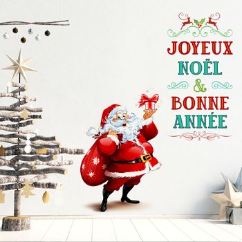 Vinilo Navidad Santa Claus Joyeux Noël Et Bonne Année - Adhesivo De Pared - Revestimiento Sticker Mural Decorativo - 40x50cm