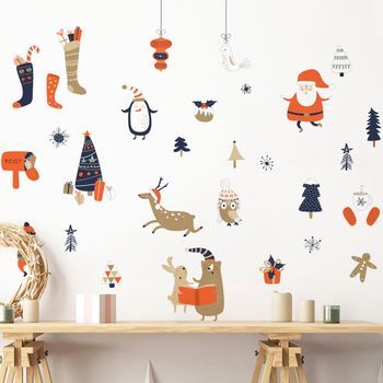 Vinilo Navidad Papá Noel Y Sus Animales - Adhesivo De Pared - Revestimiento Sticker Mural Decorativo - 100x105cm