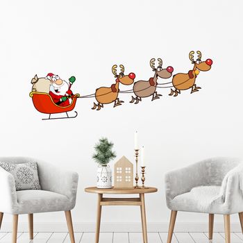 Vinilo Navidad Santa Claus Y Sus Renos - Adhesivo De Pared - Revestimiento Sticker Mural Decorativo - 70x185cm