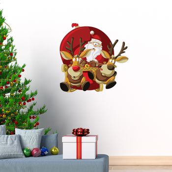 Vinilo Navidad Santa Claus A Un Ritmo Rápido Con Sus Renos - Adhesivo De Pared - Revestimiento Sticker Mural Decorativo - 70x65cm