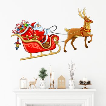 Vinilo Navidad Santa Claus Y Su Trineo - Adhesivo De Pared - Revestimiento Sticker Mural Decorativo - 70x140cm