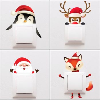 4 Vilonos Decorativo Conmutador Animales De Navidad Y Santa - Adhesivo Pared - Sticker Revestimiento - 15x20cm