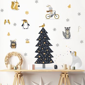 Vinilo Navidad Animales Escandinavos - Adhesivo De Pared - Revestimiento Sticker Mural Decorativo - 135x90cm