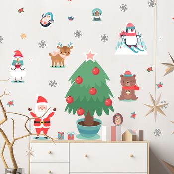 Vinilo Navidad Santa Claus Y Animales Escandinavos - Adhesivo De Pared - Revestimiento Sticker Mural Decorativo - 135x90cm