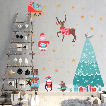 Vinilo Navidad Animales Felices - Adhesivo De Pared - Revestimiento Sticker Mural Decorativo - 135x90cm