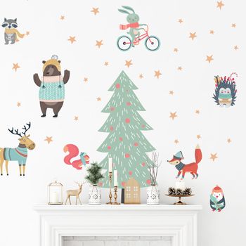 Vinilo Navidad Abeto Y Animales Escandinavos - Adhesivo De Pared - Revestimiento Sticker Mural Decorativo - 135x90cm