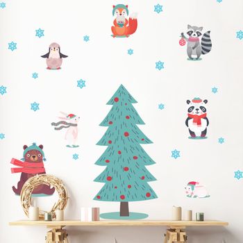 Vinilos Navideños Animales Escandinavos Bajo La Nieve - Adhesivo De Pared - Revestimiento Sticker Mural Decorativo - 105x70cm