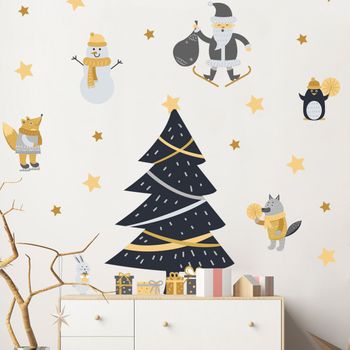 Vinilo Navidad Escandinava Bajo Las Estrellas - Adhesivo De Pared - Revestimiento Sticker Mural Decorativo - 105x70cm