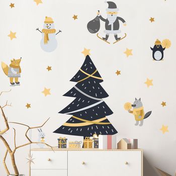 Vinilo Navidad Escandinava Bajo Las Estrellas - Adhesivo De Pared - Revestimiento Sticker Mural Decorativo - 165x110cm