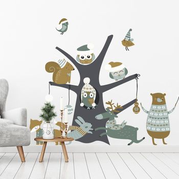 Vinilo Navidad Arbol Mágico De Animales Del Bosque - Adhesivo De Pared - Revestimiento Sticker Mural Decorativo - 80x120cm