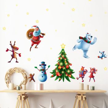 Vinilo Navidad Santa Claus Y Sus Amigos - Adhesivo De Pared - Revestimiento Sticker Mural Decorativo - 110x165cm