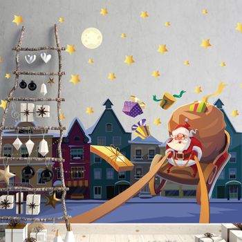 Vinilo Navidad Santa Claus En La Ciudad - Adhesivo De Pared - Revestimiento Sticker Mural Decorativo - 110x165cm