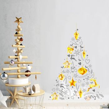 Vinilo Navidad Árbol De Navidad Dorado Y Gris - Adhesivo De Pared - Revestimiento Sticker Mural Decorativo - 115x80cm