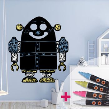 Vinilo Pizarra Robot + 4 Tizas Liquidas - Adhesivo De Pared - Revestimiento Sticker Mural Decorativo - 30x25cm