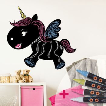 Vinilo Pizarra Bebé Unicornio + 4 Tizas Liquidas - Adhesivo De Pared - Revestimiento Sticker Mural Decorativo - 105x115cm