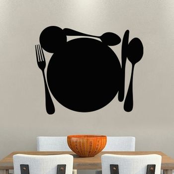 Vinilo Pizarra Cucharas, Cuchillo, Tenedor Y Plato - Adhesivo De Pared - Revestimiento Sticker Mural Decorativo - 75x100cm