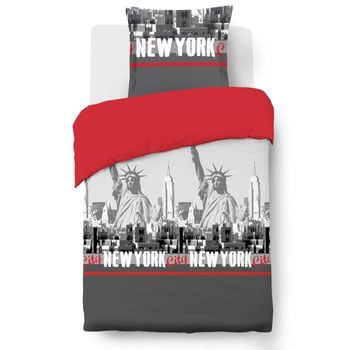 Funda Nórdica Vision New York - 100% Algodón - 1 Funda Nórdica 140 X 200 Cm + 1 Funda De Almohada 65 X 65 Cm - Rojo Y Gris