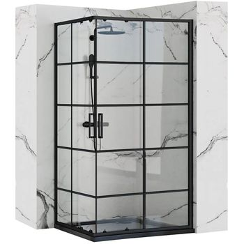 Mampara De Ducha Fijo De Ducha + 1 Puerta Abatible, Cristal Templado 6mm  Antical Cuadrícula Negra, 195cm Altura, Perfil Negro Mate - 80cm + 40cm  con Ofertas en Carrefour