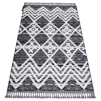 Alfombra Maroc P642 Diamantes, Zigzag Gris / Blanco Franjas Bereber Ma 180x270 Cm