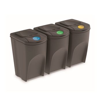 Set De 3 Cubos De Basura Keden Sortibox Papelera Reciclaje, Gris, Volumen 3x35l