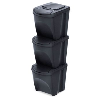 Set De 3 Cubos De Basura Keden Sortibox Papelera Reciclaje, Antracita Eco, Volumen 3x25l