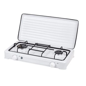 Cocina Gas Portátil Camping, 2 Quemadores, Rejilla Esmaltada, Tapa Protectora, Normativa G30-37 Mbar Blanco  Mpm Sml-kn-02/1k