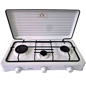 Cocina Gas Portátil Camping, 3 Quemadores, Rejilla Esmaltada, Tapa Protectora, Normativa G30-37 Mbar Blanco  Mpm Kn-03/1k