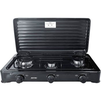 Cocina Gas Portátil Camping, 3 Quemadores, Rejilla Esmaltada, Tapa Protectora, Normativa G30-37 Mbar Negro  Mpm Kn-03/1kb