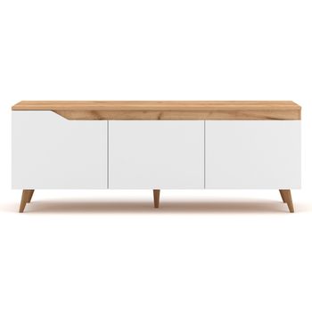 Mueble De Tv Escandinavo Con 3 Puertas - Acabado Madera Clara Y Blanco